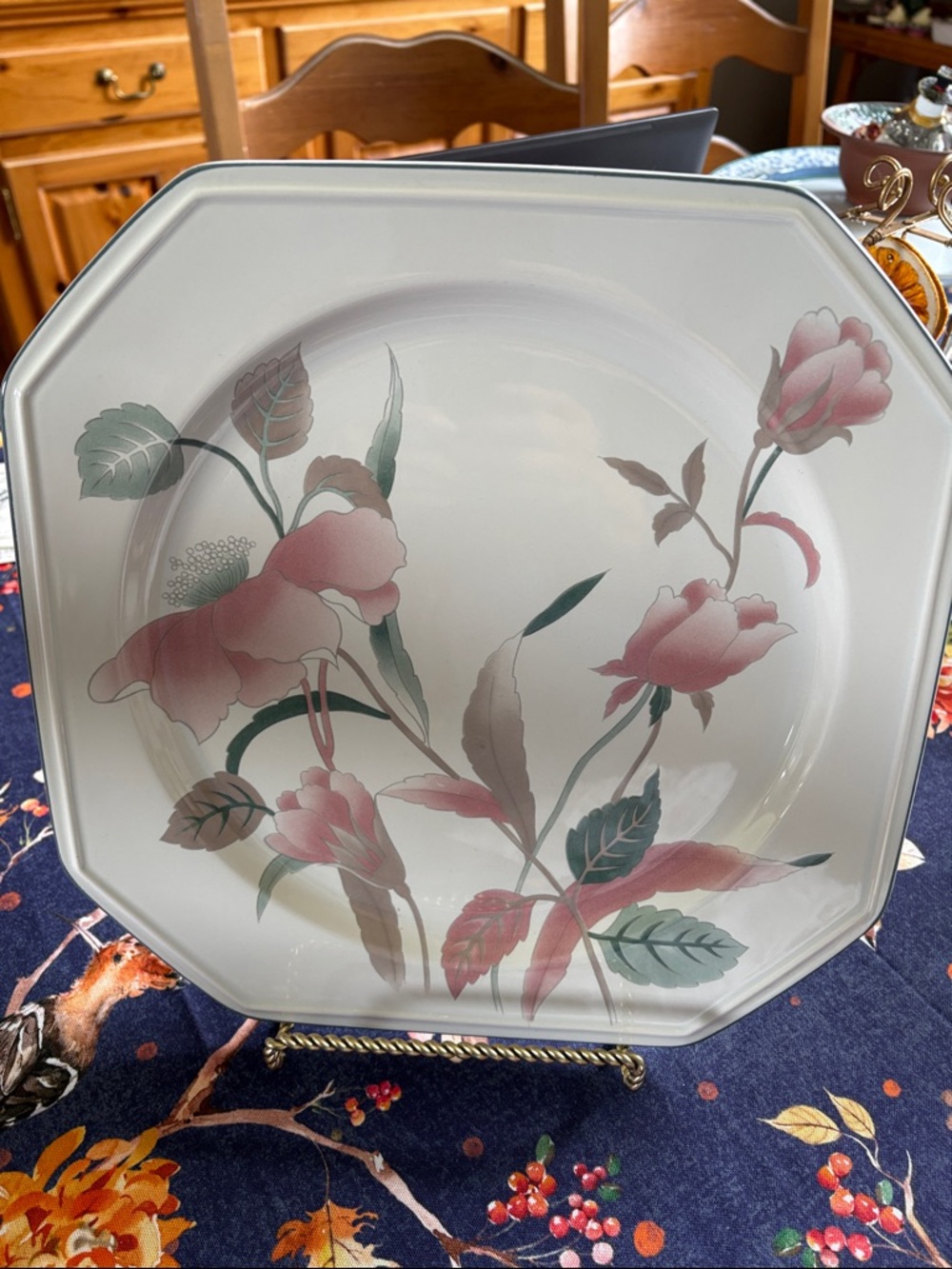 Vintage Mikasa Cream Octagonal Platter “Silk Flowers” design